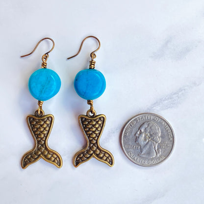 Mermaid and Turquoise gemstone Dangle Drop Mermaid Tail Earrings