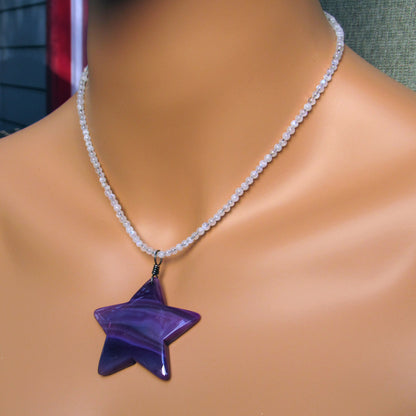 Purple Onyx Agate Star on Moonstone Beaded Necklace with Oxidized Sterling Silver
