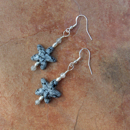 Snowflake Obsidian gemstone Stars, Labradorite, and Sterling Silver Drop Earrings