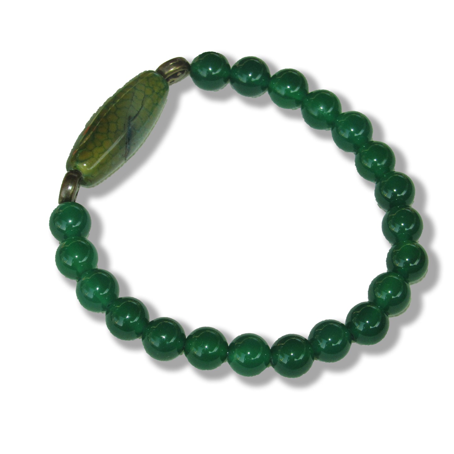 Green onyx gemstone, brass Yin Yang, and Dragon Vein Agate stretch bracelet