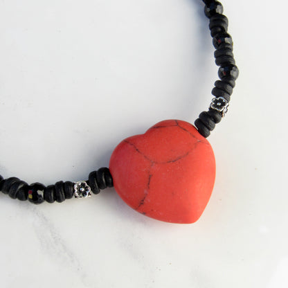 Red Gemstone Heart Choker Leather Necklace
