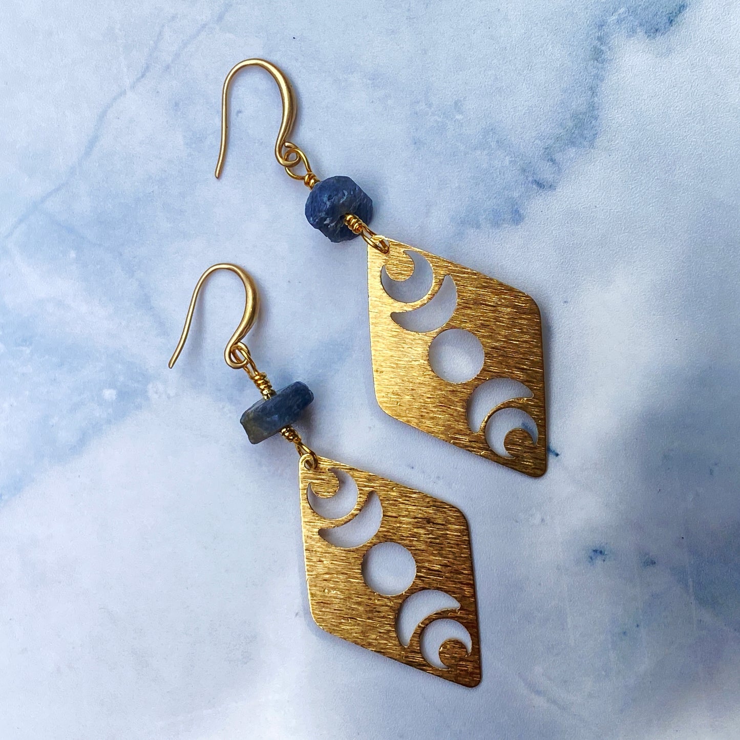 Blue Sapphire Brass Moon Dangle Earrings