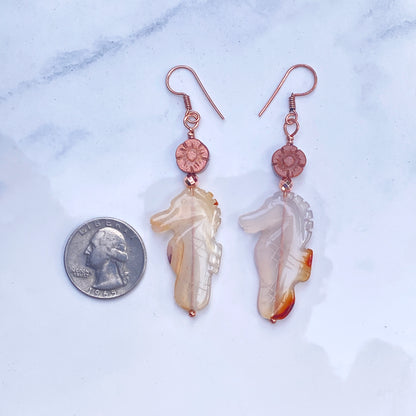 Red Agate gemstone SeaHorse, Goldstone, and Genuine Copper Drop Earrings