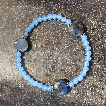 Women's Labradorite hearts, blue Chalcedony  Sterling Silver stretch bracelet