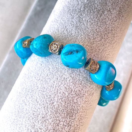 Turquoise gemstone and Brass Flower Beaded Bracelet