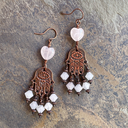 Rose Quartz and copper Hamsa Earrings
