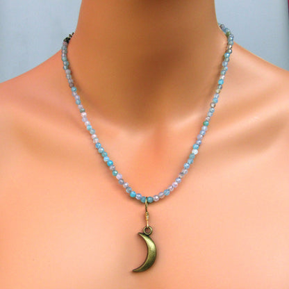 Brass Moon on blue agate gemstone beaded choker and necklace