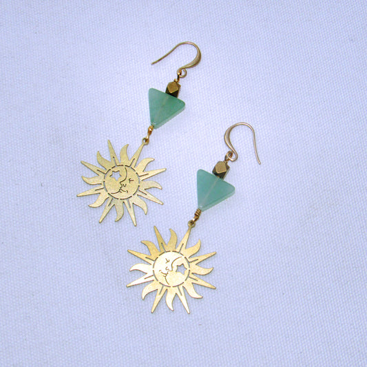 Brass Sun and Green Aventurine gemstone Drop Earrings