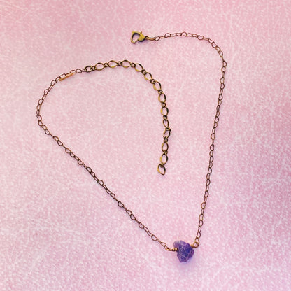 Raw Amethyst gemstone on Brass Heart Chain