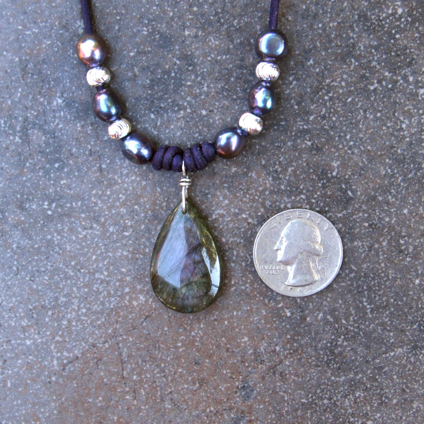 Purple Teardrop Labradorite Pendants, Freshwater Pearls, Sterling Silver Beads and Clasp on Purple Leather