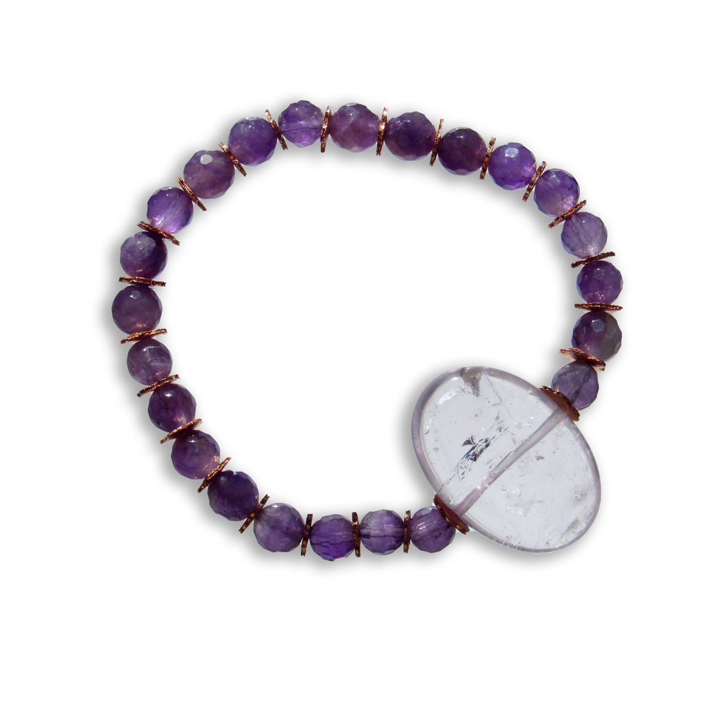 Amethyst gemstone and copper crystal beaded stretch bracelet