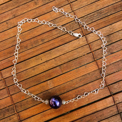Sterling silver heart chain with a purple south sea pearl and labradorite choker