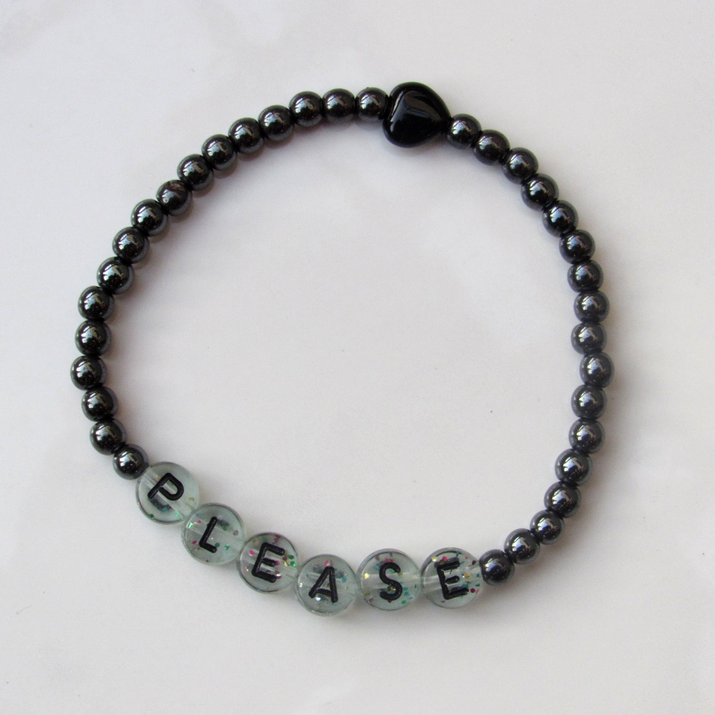 Black Hematite and Onyx gemstone Heart “BITCH PLEASE” stretch bracelet