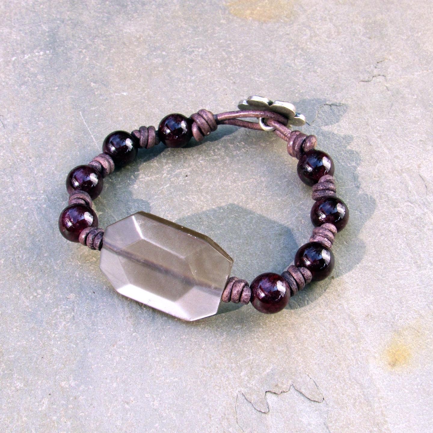 Garnet gemstone and silver moonstone leather bracelet