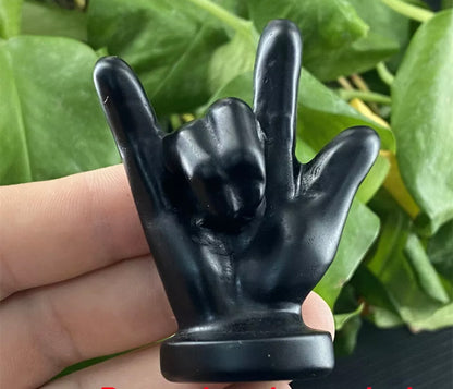 Natural Black Obsidian gemstone carved Rock and Roll Hand