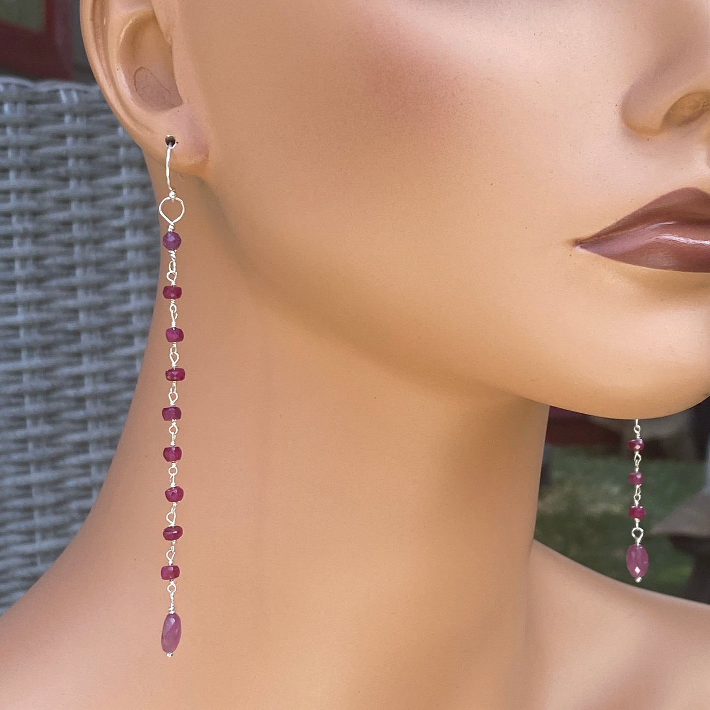 Long Ruby gemstone and silver Dangle Earrings