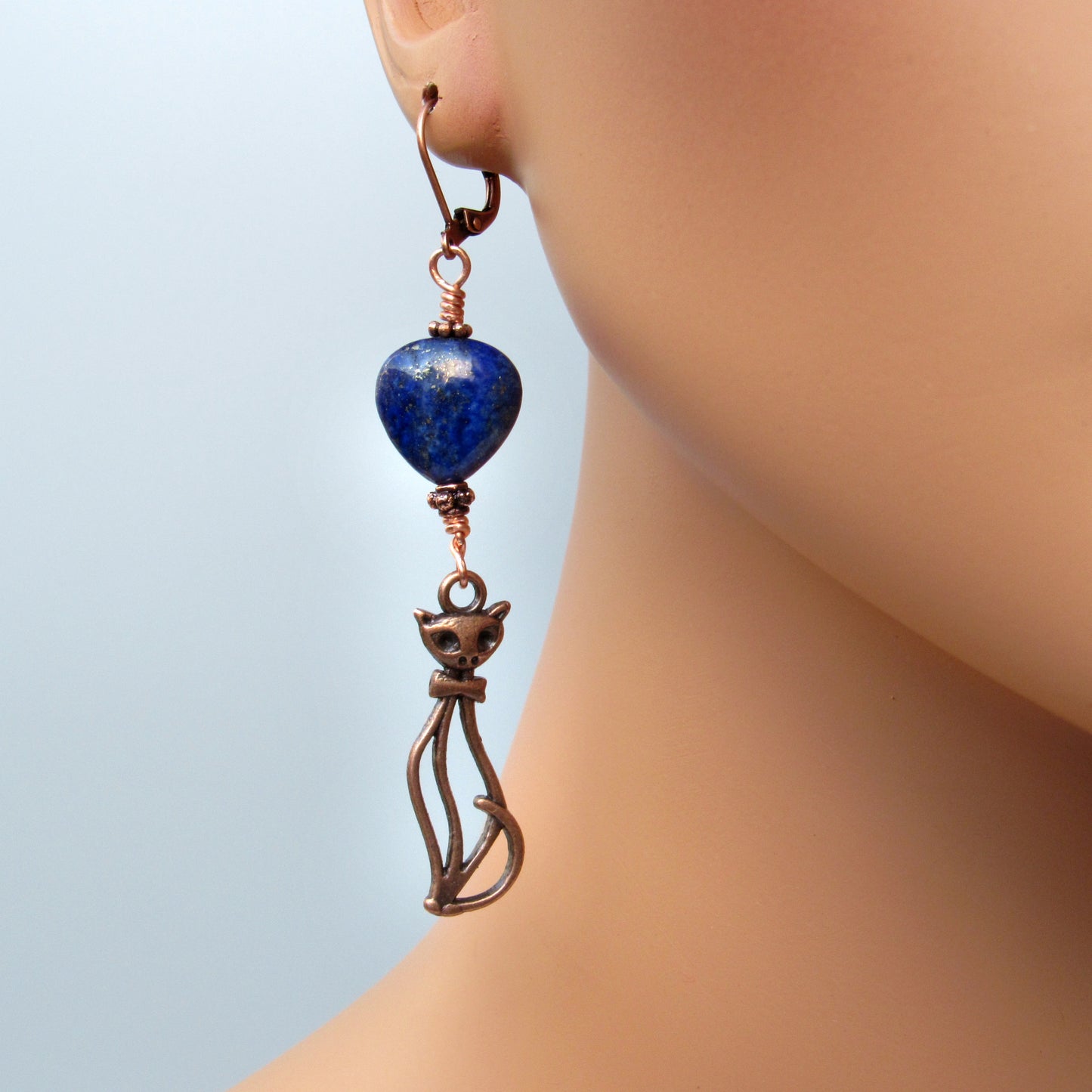 Lapis Lazuli gemstone Hearts and Copper Kitty Cat Drop Earrings