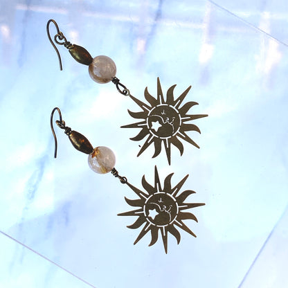 Rutile Quartz and Brass Moon and Sun earrings