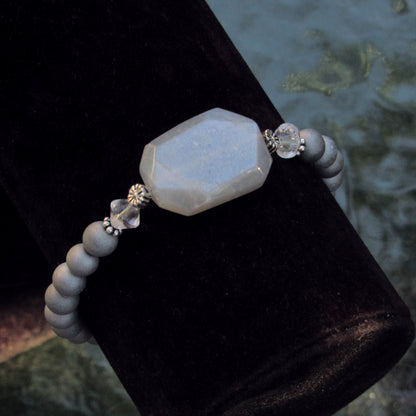 Silver Moonstone, Sterling Silver, Clear Quartz, and Silver Druzy Agates