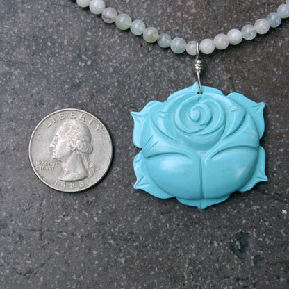 Howlite gemstone Blue Rose on Aquamarine Beaded Necklace w/ Sterling Silver