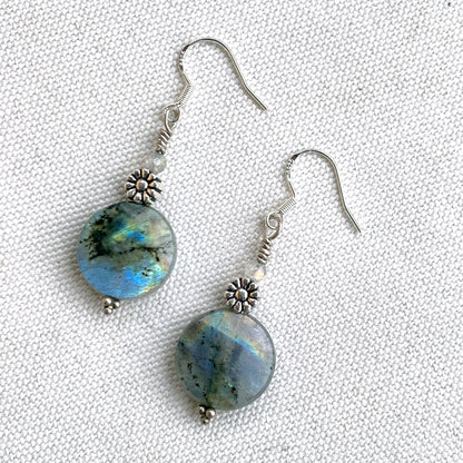 Labradorite gemstone and Sterling Silver Flower Dangle Earrings