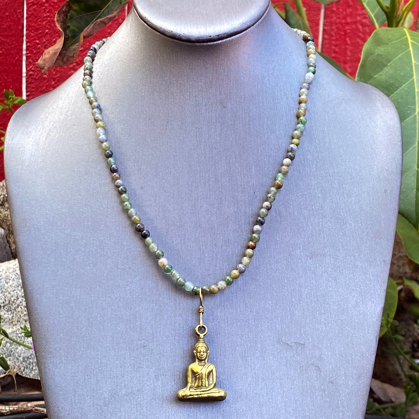 Moss agate gemstones and brass Buddha pendant necklace