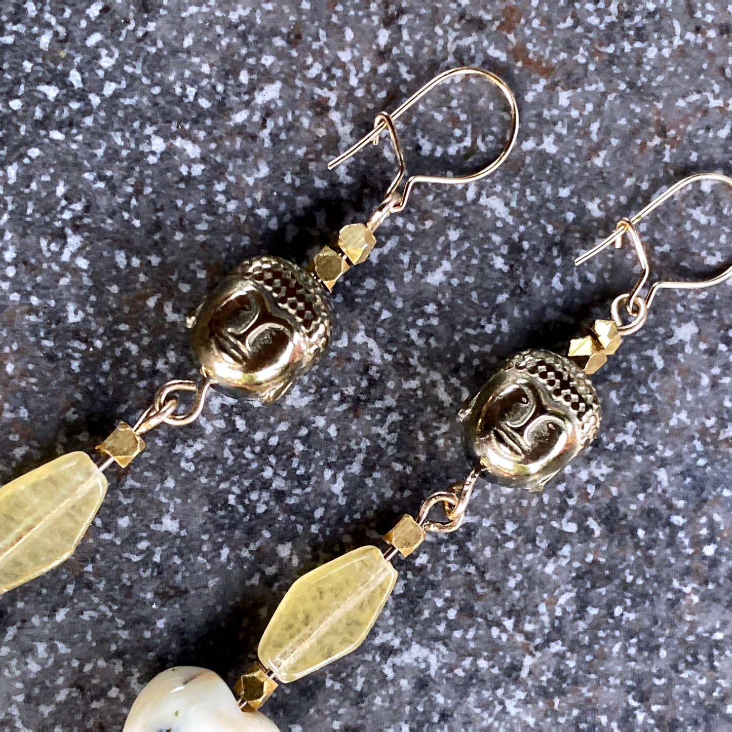 yellow Agate hearts, Hematite Buddha, yellow Calcite Gemstone earrings