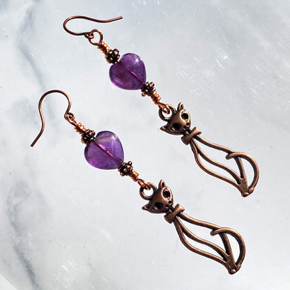 Amethyst gemstone Heart and Copper Kitty Drop Earrings