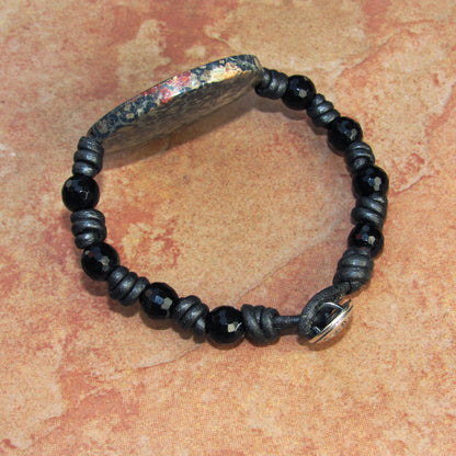 Leather Knotted Leopard Print Jasper Gemstone, Faceted Onyx, and Sterling Silver Button Bracelet