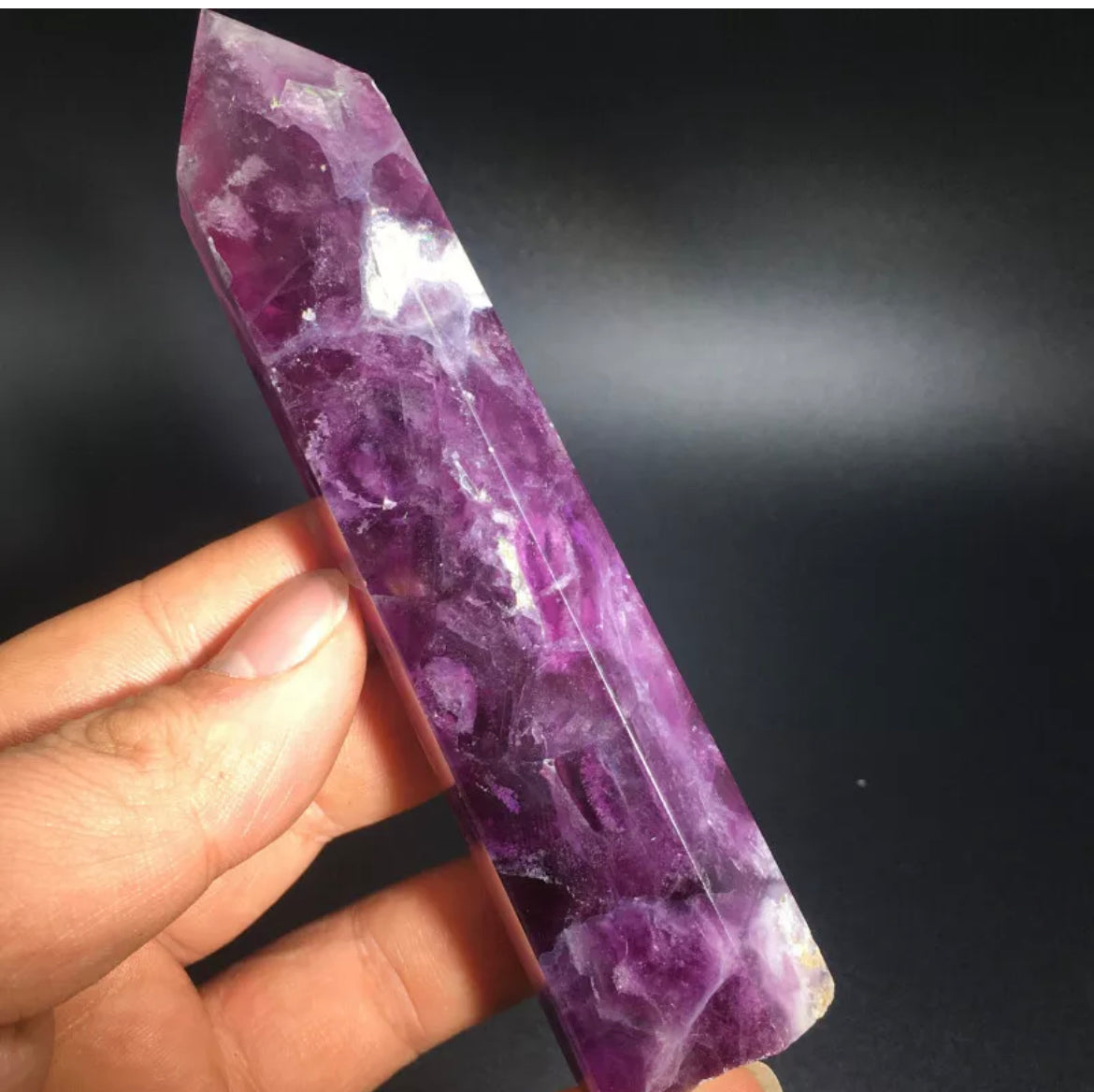 Natural purple fluorite gemstone tower point aura wand