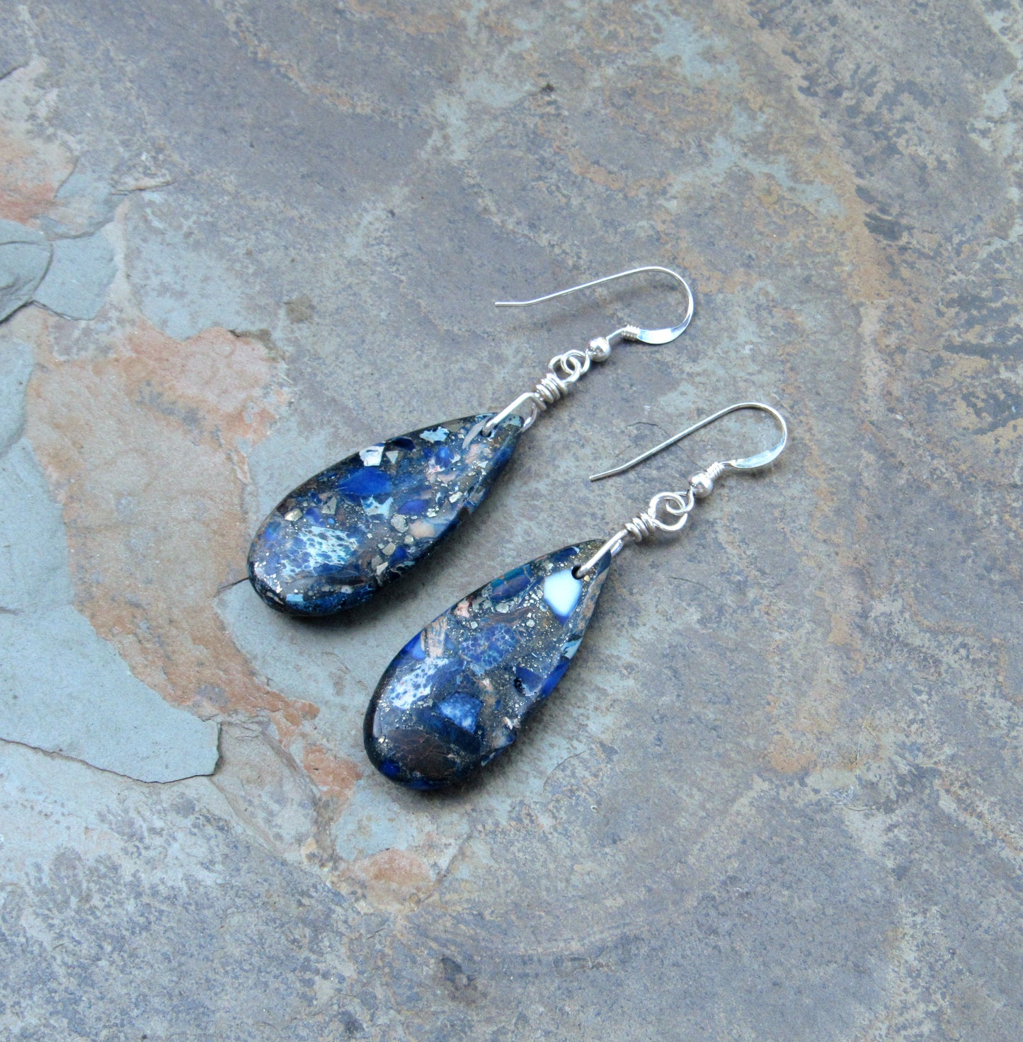 Blue Sea Sediment Jasper Hand Wrapped in Sterling Silver Drop Earrings