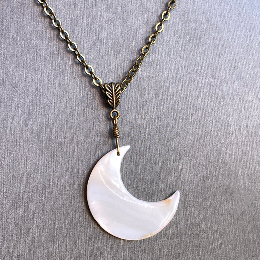 Mother of Pearl moon on brass chain