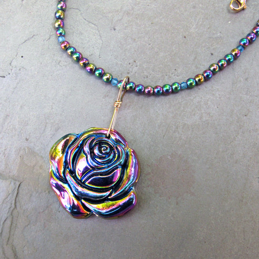 Rainbow Hematite Carved Rose wrapped with Gold Fill Wire on Hematite Gemstone Beaded Necklace