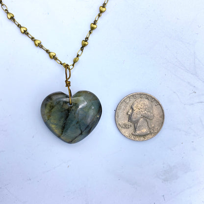 Labradorite gemstone Heart with Brass Heart Chain