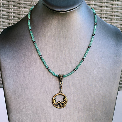 Brass Mermaid on Green Onyx and lemon topaz gemstone beaded necklace