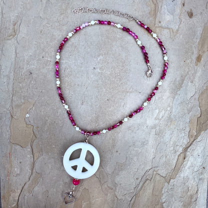 White Agate Peace Sign W/ Pink Banded Agate Sterling Silver Heart & Chalcedony