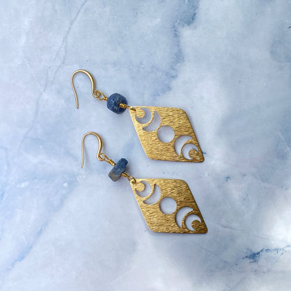 Blue Sapphire Brass Moon Dangle Earrings