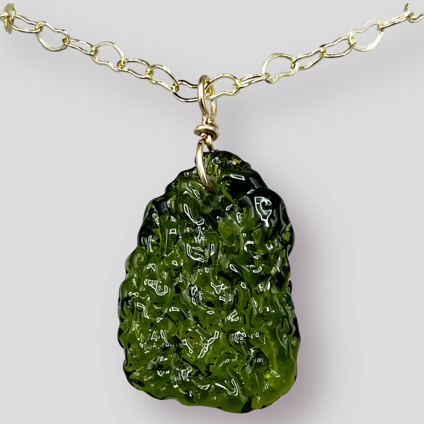 Natural Moldavite gemstone pendant necklace on Gold Fill chain