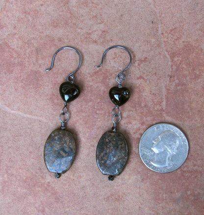 Bronzite and Tourmaline Gemstone Heart  w/ Oxidized Sterling Silver Drop Earrings