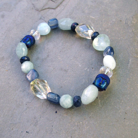 Blue Gemstone Buddha Stretch Bracelet with Sapphires and Quartz