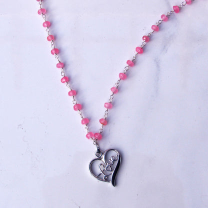 Pink Chalcedony gemstone Silver Heart Love Choker