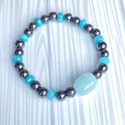 Aquamarine and Hematite gemstone stretch Bracelet