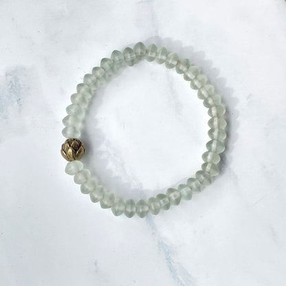 Matte Quartz gemstone and Brass Lotus stretch Bracelet