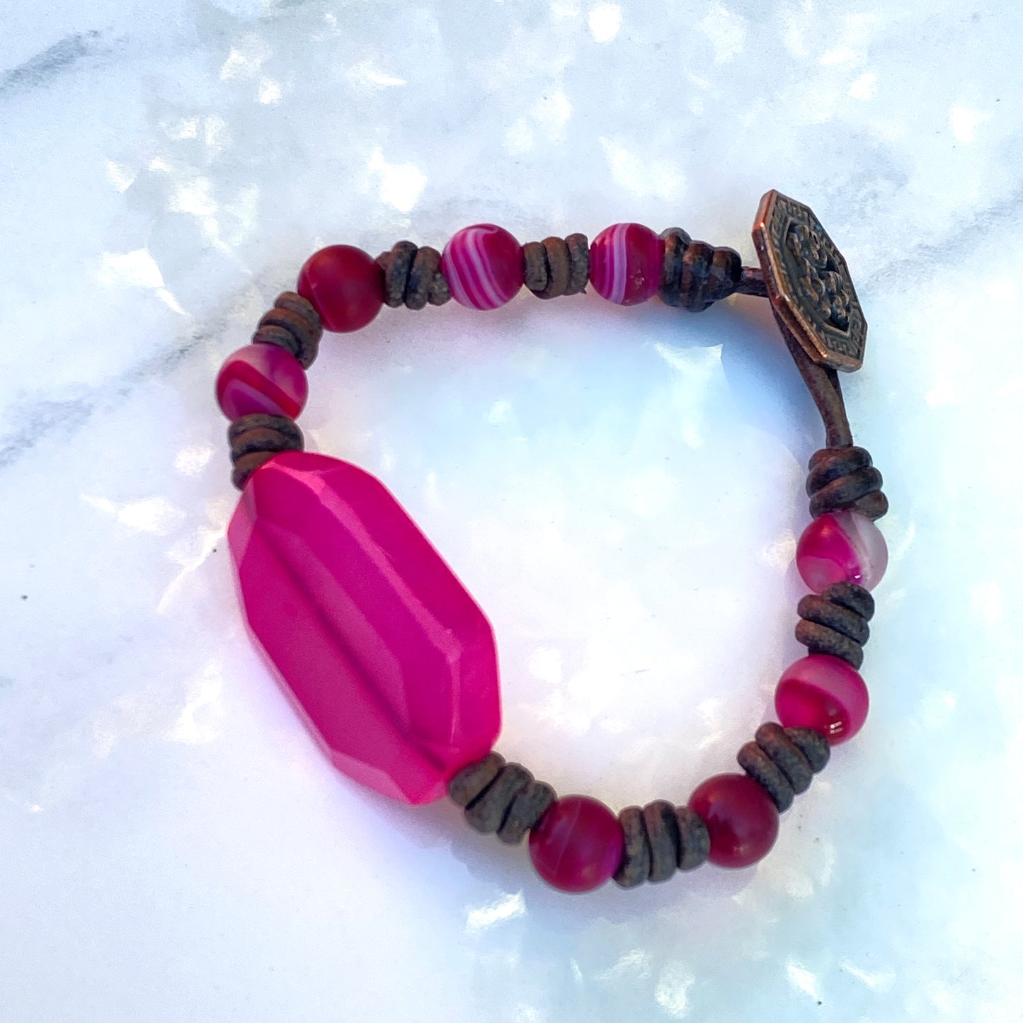 Pink Agate gemstone hand knotted Leather Bracelet