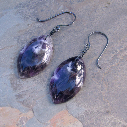 Amethyst Gemstone and Oxidized Sterling Silver Drop Earrings