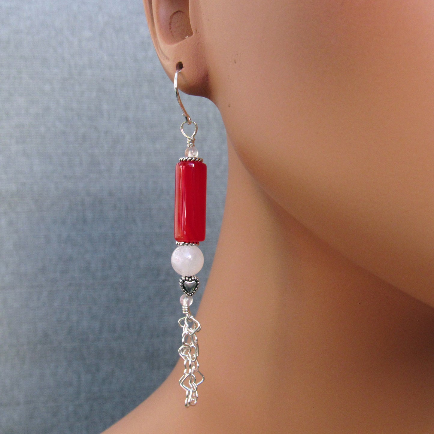 Red Agate Gemstone, Moonstones, Sterling Silver Drop Earrings