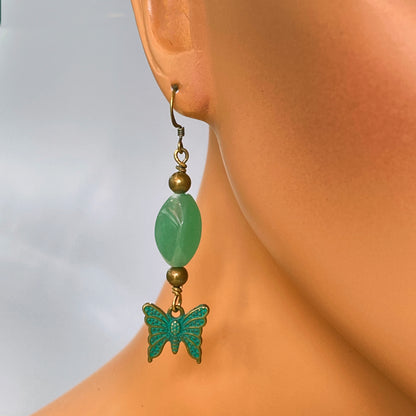 Brass and Green Aventurine gemstone with Butterflies Dangle Earrings