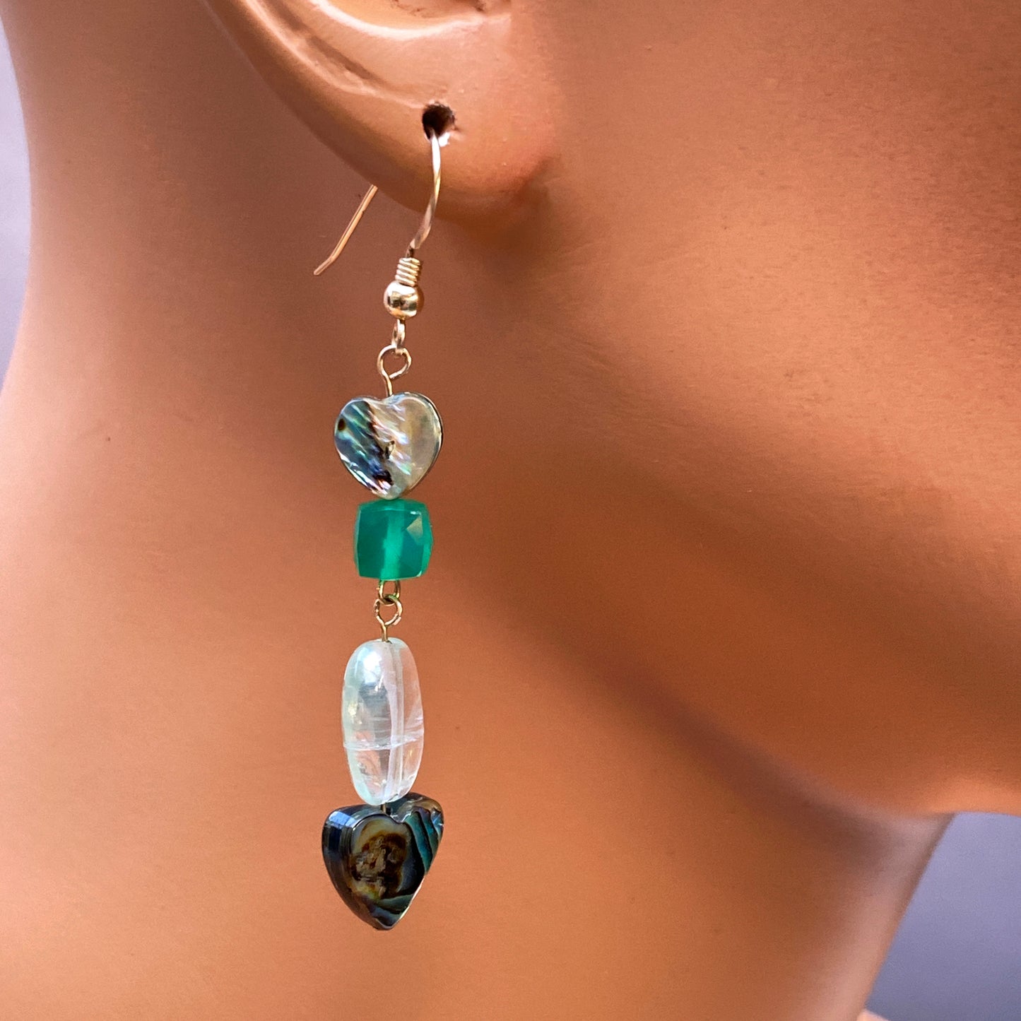 Abalone shell Heart, Green Onyx gemstone, and Green Amethyst drop earrings