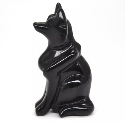 Natural Black Obsidian gemstone carved Fox