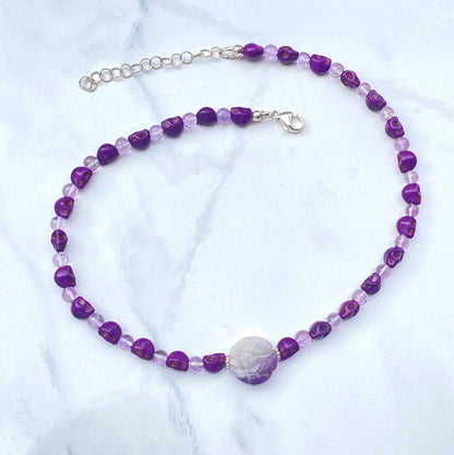 Amethyst gemstone and Howlite Skull and Rose Necklace